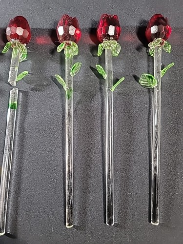 Lot of 6 Crystal Glass Red Rose Clear Green Stem 8” One Broken Piece 4 Repair - Picture 3 of 11