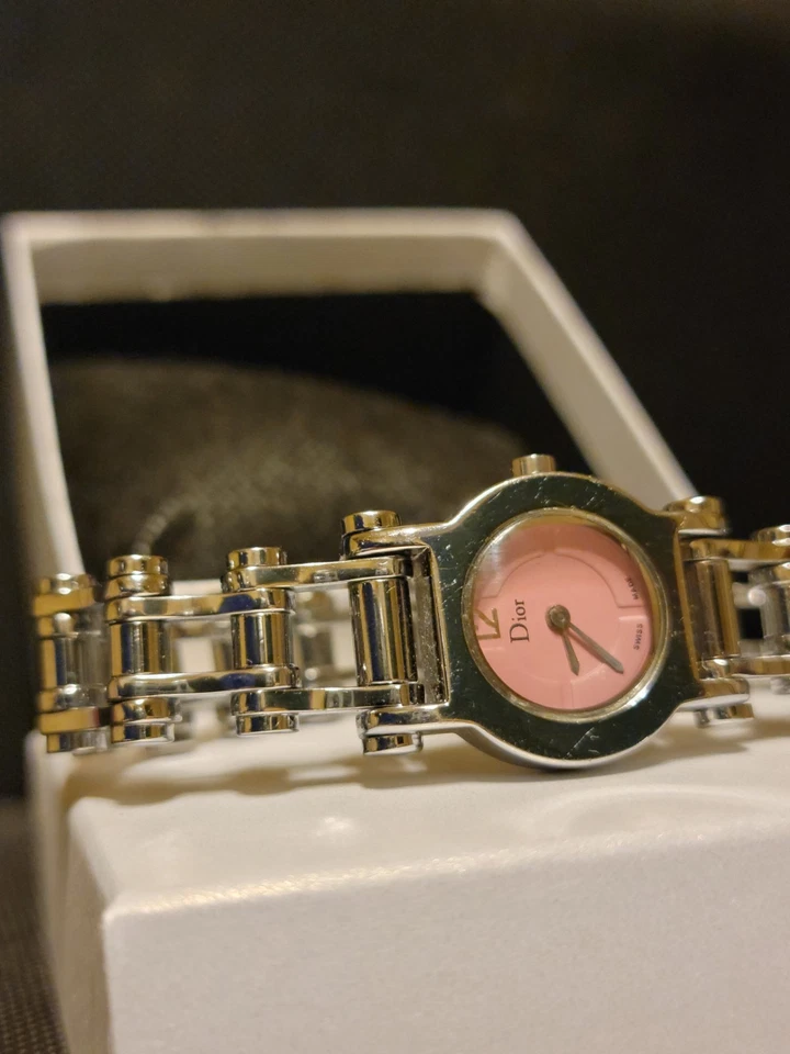 РЕДКАЯ Dior розовый велосипед цепочка 24 мм женские часы Swiss сделано один драгоценный камень новый аккумулятор - Изображение 3 из 4