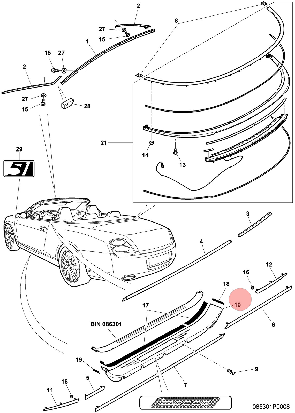 07-11 BENTLEY CONTINENTAL GTC LOWER LEFT OUTER DOOR SILL TRIM STRIP OEM