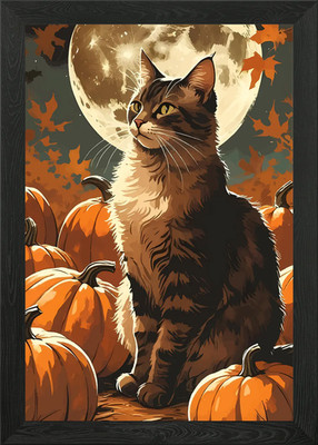 Katze und Kürbisse im Mondlicht gerahmtes Wandbild Poster Leinwanddruck Bild