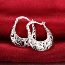 Women's 925 Sterling Silver Elegant Filigree 26mm Small Hoop Fashion Earrings