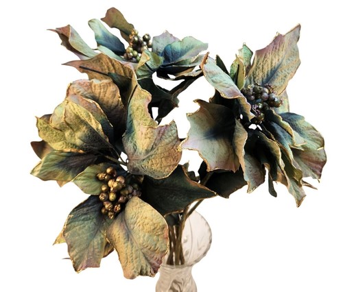 Artificial Poinsettia Stems With Gold-Edged Leaves Christmas Holiday Decor Large - Picture 8 of 8