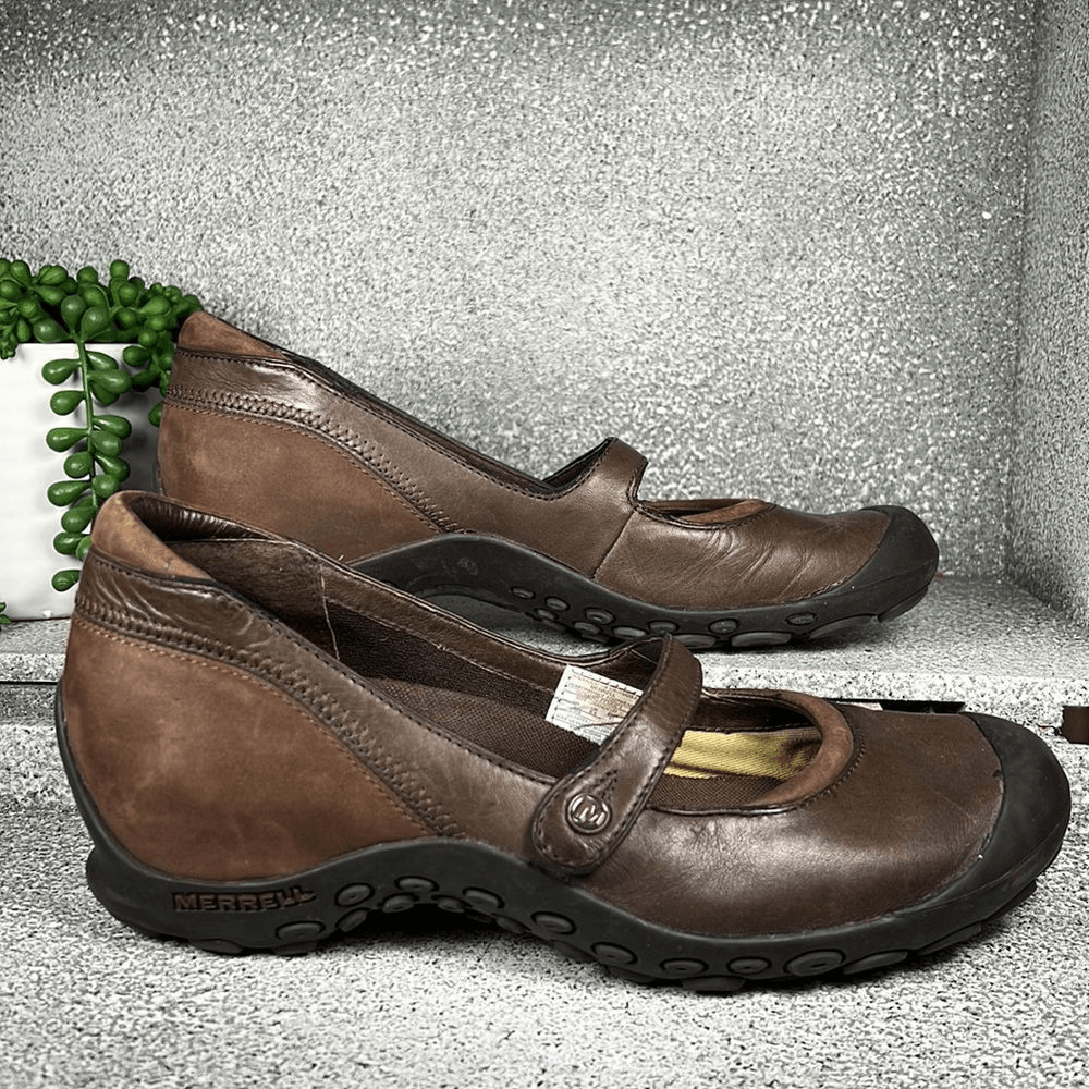 Scarpe sandali Mary Jane Merrell Plaza flaunt pelle sella castagno misura 9