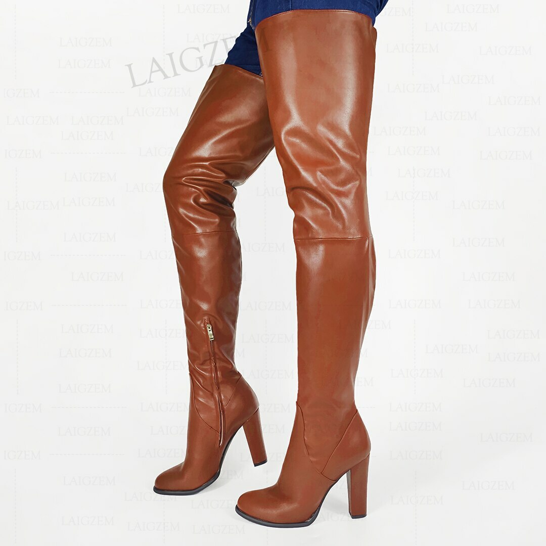 Women Thigh High Boots Faux Leather Thick Heels Over Knee Boots Round Toe  Shoes