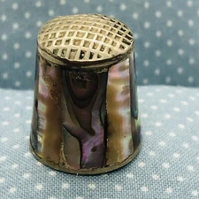 Vtg Abalone Alpaca Mexico Silver Thimble with Shell Panel Inlay