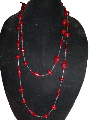 Vintage Jennifer Lopez JLO Necklace Red Lucite Bead 58'' Long Gunmetal Chain