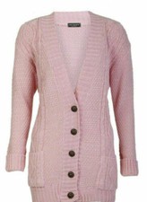 Women Cable Chunky Knit Cardigan Button Long Sleeves Grandad Ladies Cardigans UK