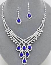 Royal Blue Crystal Rhinestone Formal Necklace Jewelry Set Earring Bridal Elegant