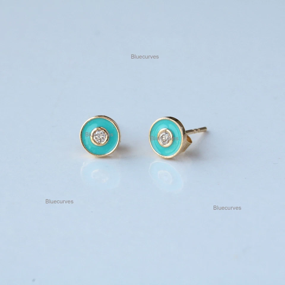 Turquoise Enamel Disc Stud Earrings Diamond Solid 18k Yellow Gold Fine Jewelry - Image 4 of 4