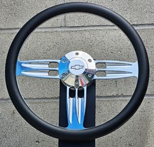 14" Billet Double Barrel Black Vinyl Steering Wheel + Chevy Bowtie Licensed Horn