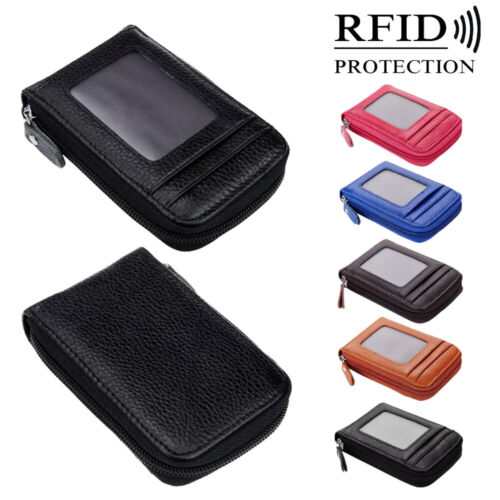 Genuine Leather Men Women Wallet Credit Card Holder RFID Blocking Zipper Pocket