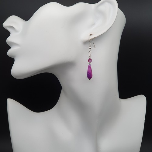 Earrings Purple Agate Teardrop Beaded Gemstone Dangle Drop Sterling Silver Hooks - Picture 38 of 64