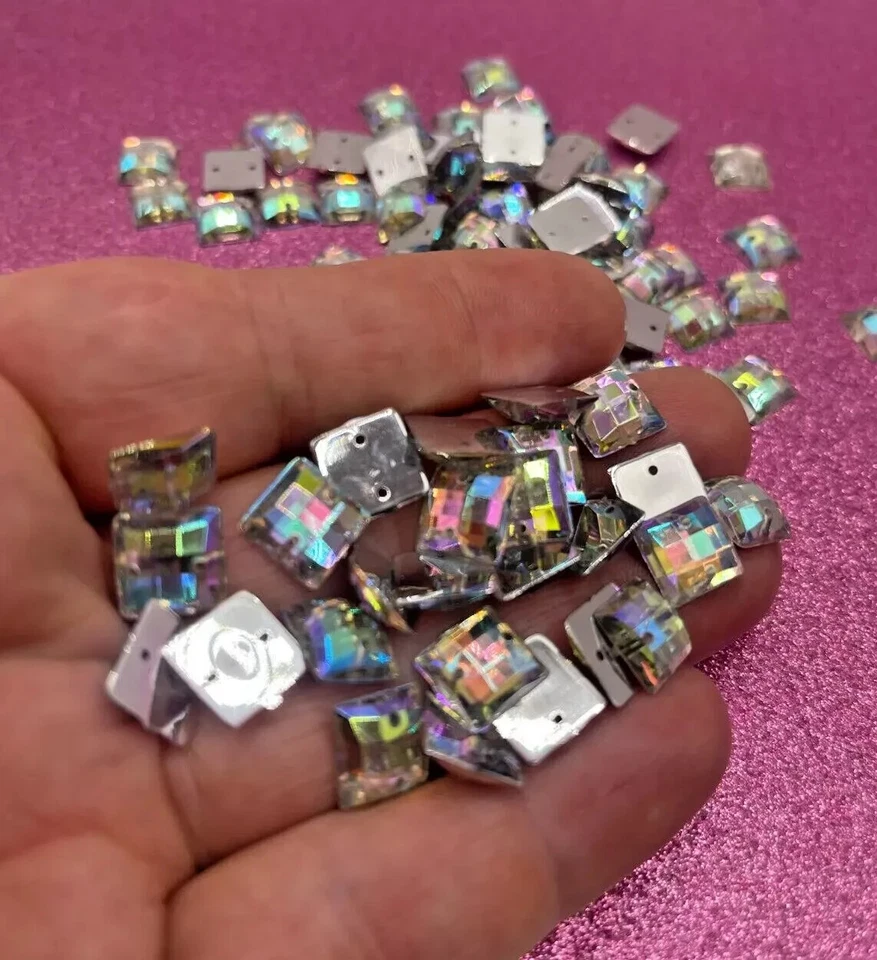 100 x Sew on Holed Acrylic Square 10mm Diamante Crystal Gems Rhinestone - Image 4 of 4