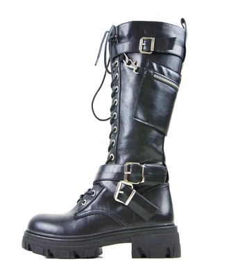 WORKER BOOTS DESIGNER DAMENSCHUHE PLATEAU GOTHIC STIEFEL-STIEFELETTEN SCHWARZ