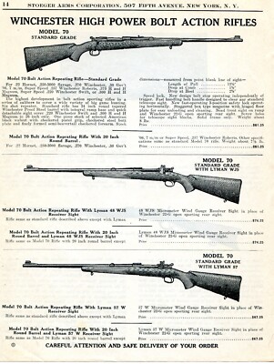 1939 Print Ad of Winchester Rifle Model 70 Standard Grade w Lyman Receiver Sight
