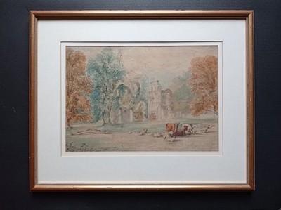 altes original Aquarell Gemälde Vieh in einer Landschaft mit Klosterruine