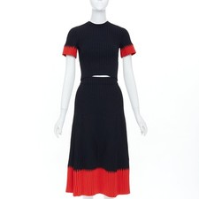 ALEXANDER MCQUEEN 2018 black red chevron bicolor rib knit crop top skirt set XS