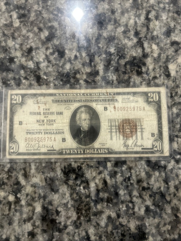 1929 $20 Federal Reserve Bank Note New York B Brown Seal FRBN Circulated