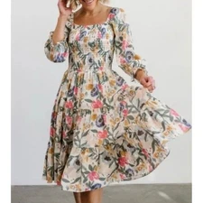 Baltic Born Marta Floral Smocked Square Neck Midi Dress Womens Medium 3/4 Sleeve