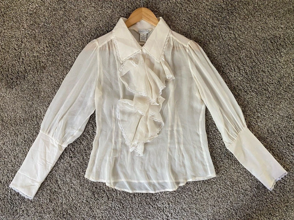John Paul Richard 象牙色 白色丝绸荷叶边衬衫 珍珠纽扣袖口 尺寸 M — 第 2/4 张图片