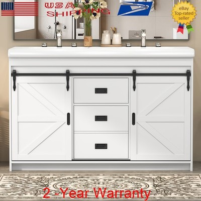 White Bathroom Vanity with Ceramic Sink Modern Storage Cabinet w/Doors & Drawers