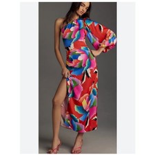 FARM Rio for Anthropologie One Shoulder Slim Red Floral Midi Dress Sz S