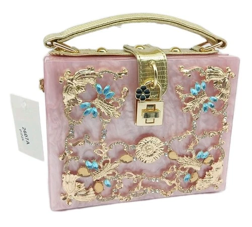 Vintage Pink & Gold Fillagree Trim Lucite Gorgeous Blinged out Box Bag