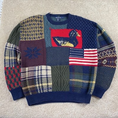 Nautica Handknit Patchwork Duck Flag Sweater Cotton Vintage Mac Miller