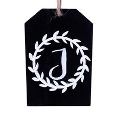 Letter J Monogram Gift Tag Ornament Black  White Wood Initial Xmas Holiday