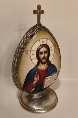 Antique orthodox porcelain easter egg in silver base high quality