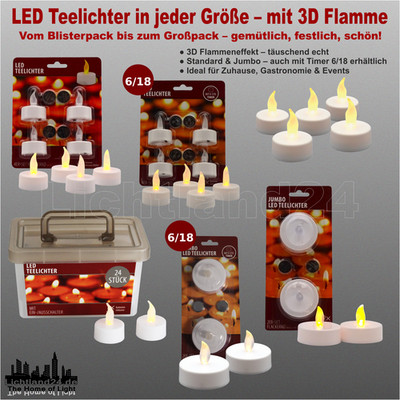 3D Flamme LED Teelichter Ø 3,5 + Ø 5,8  Flackern festliche Kerzen mit ohne Timer