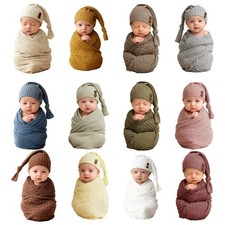 Baby Crochet Blanket Cute Hat Soft Photography Props Studio Newborn Swaddle Set