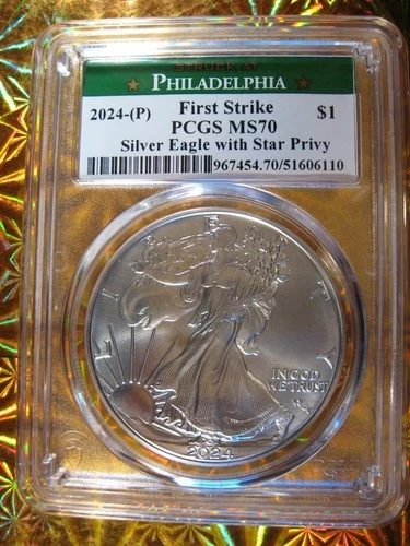 2024-(P) Silver Eagle with STAR PRIVY .999 Silver 1 oz PCGS MS 70 First Strike