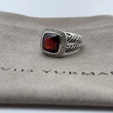 David Yurman Sterling Silver Albion Ring 11mm Garnet and Diamonds Size 6
