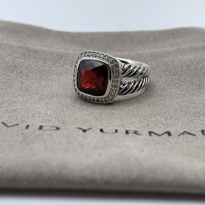 David Yurman Sterlingsilber Albion Ring 11 mm Granat und Diamanten Größe 8