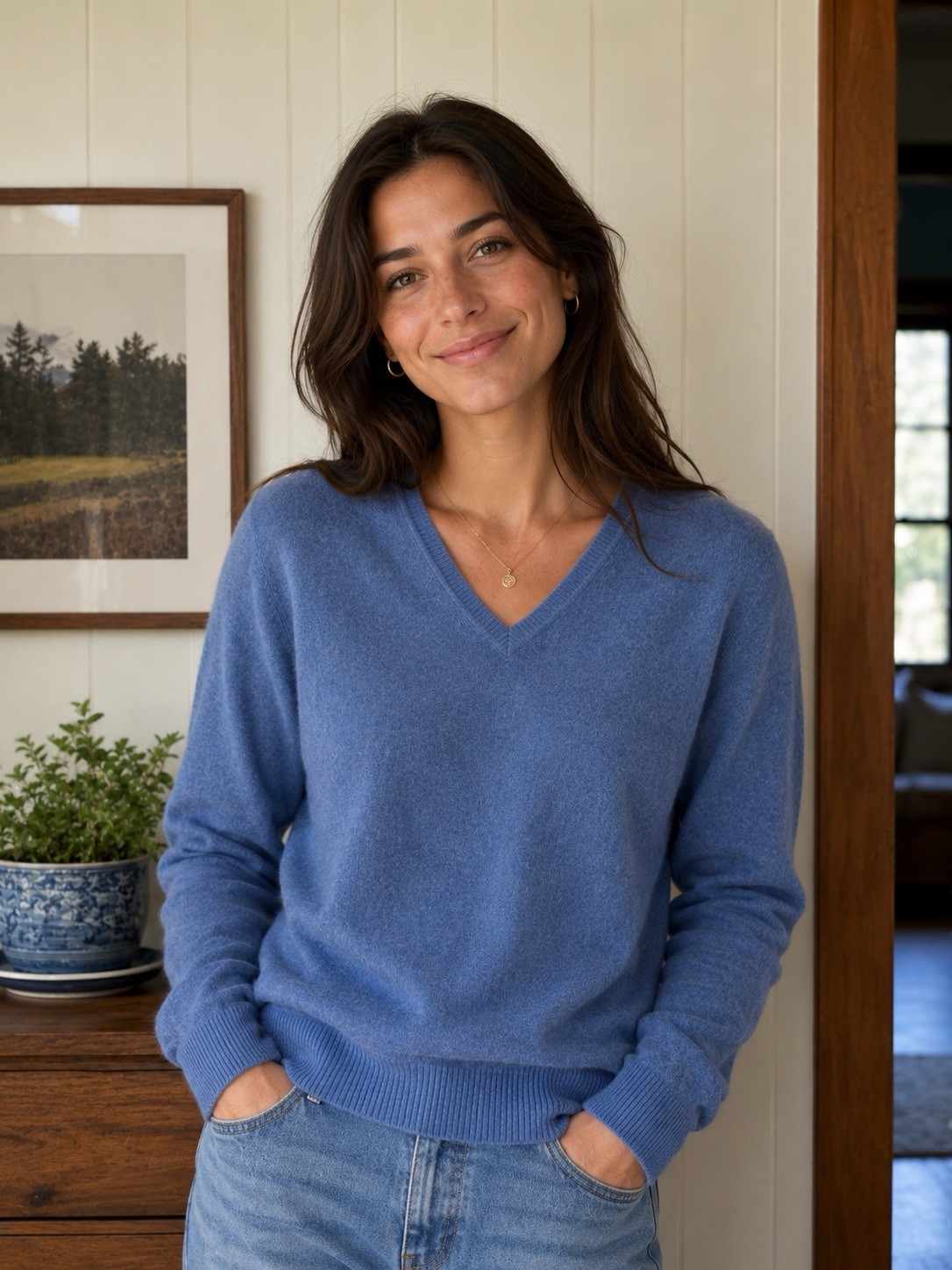Charter Club Women’s L 100% Cashmere Knit V-Neck Pullover Sweater Blue