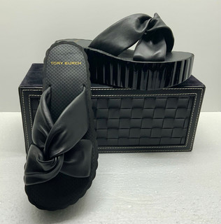 Tory Burch Black Knotted Scallop Wedge Slide US Size 7 Excellent Preowned!
