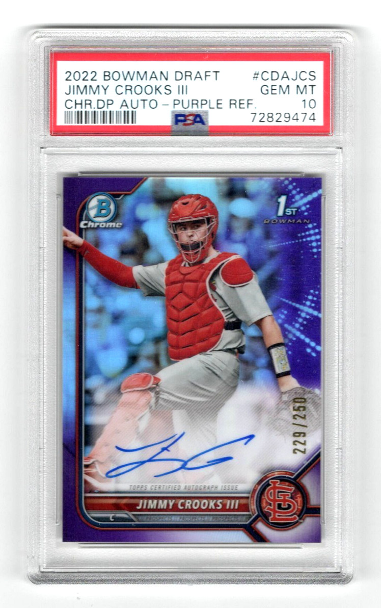 JIMMY CROOKS III 2022 BOWMAN CHROME PURPLE REFRACTOR AUTO /205 PSA 10 LOW POP 8!
