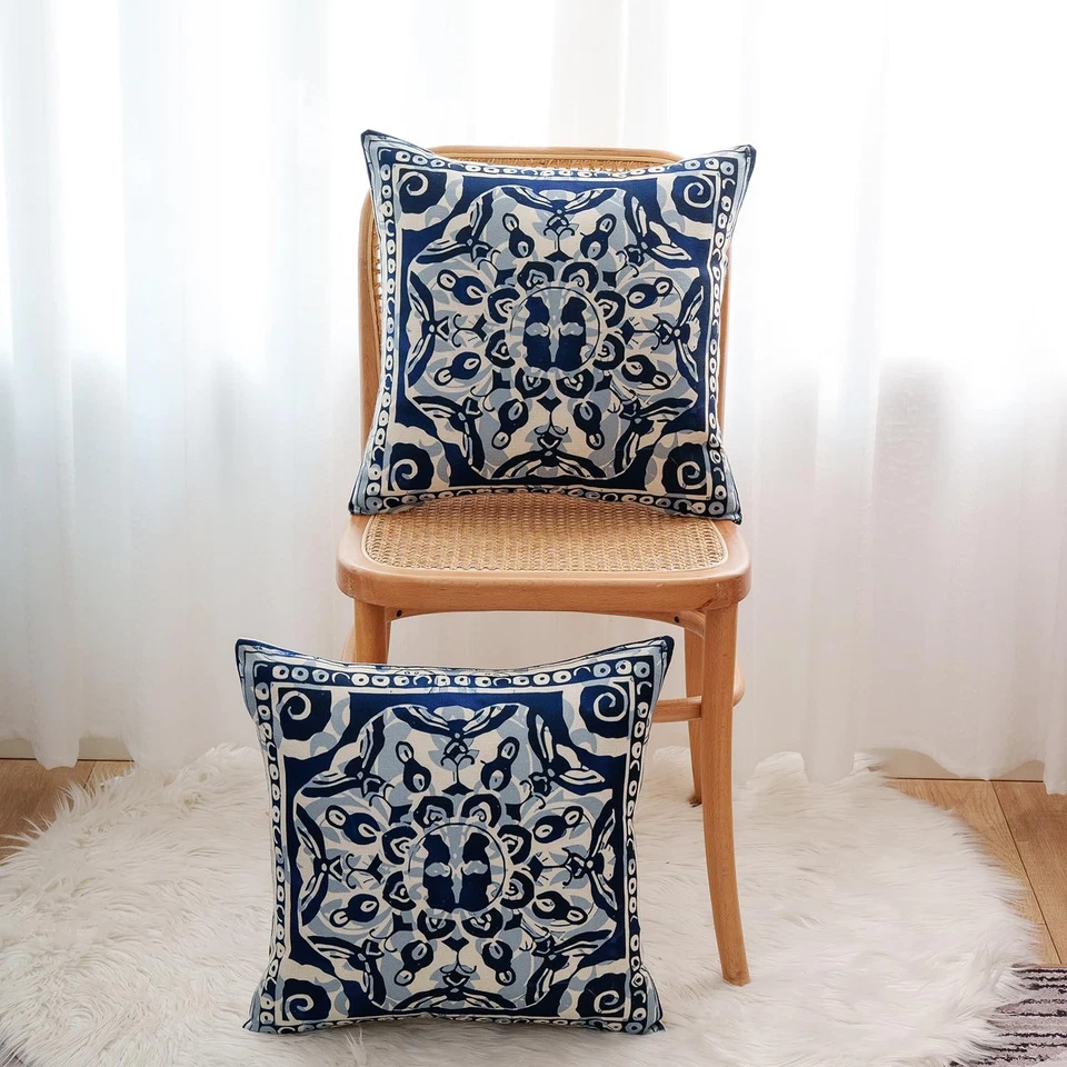 Kissenbezug 45x45 2er Set Boho Retro Datura Blume Muster Geometrische Blau Be... - Bild 4 von 4