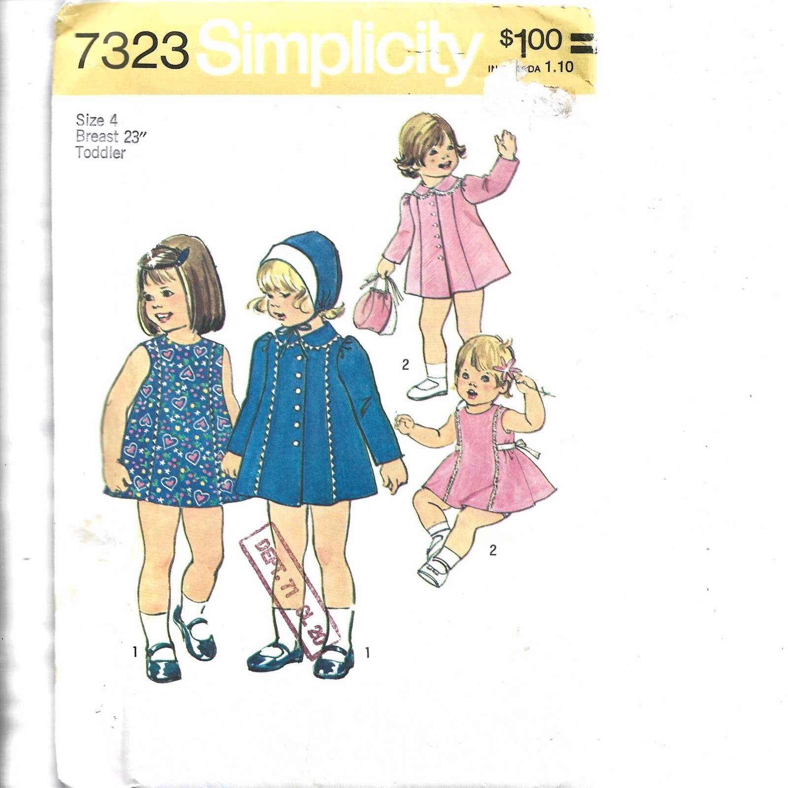 Vintage New Simplicity Pattern 7323 Size 4 Toddler,Dress/Coat/Hat, 1975 Uncut