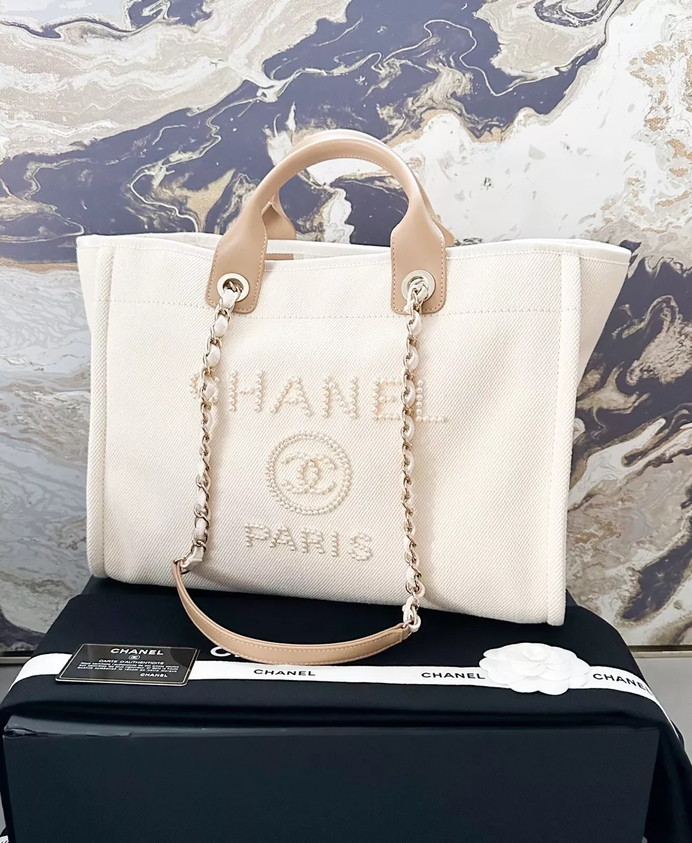 Chanel Large Deauville Canvas Pearl Ecru Beige Tote Bag