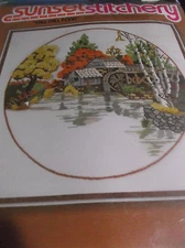 VINTAGE STITCHERY FALL MILL POND AUTUMN WATER WHEEL EMBROIDERY KIT  TREES OOP