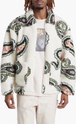 NWT OBEY Paisley Sherpa Fleece Zip Jacket - Unbleached White