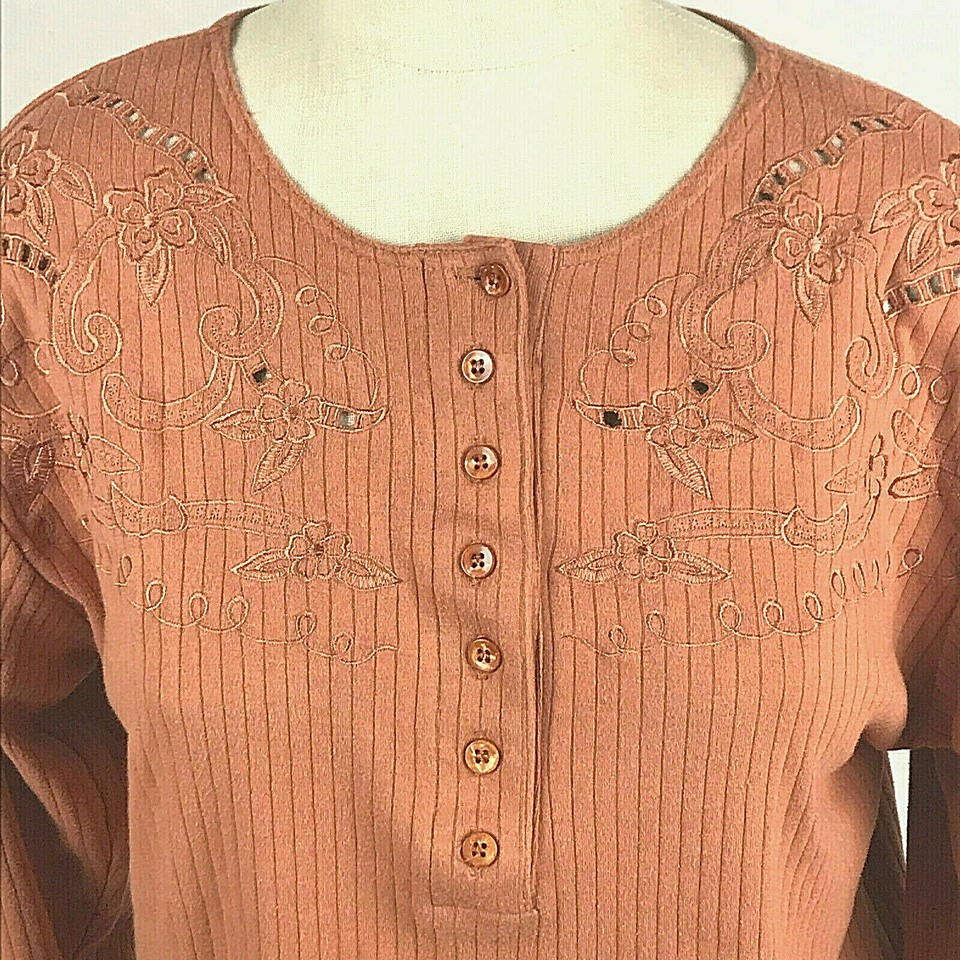 JL Plum Top Womens Size S Terra Cotta Ribbed 100 Cotton Embroidery