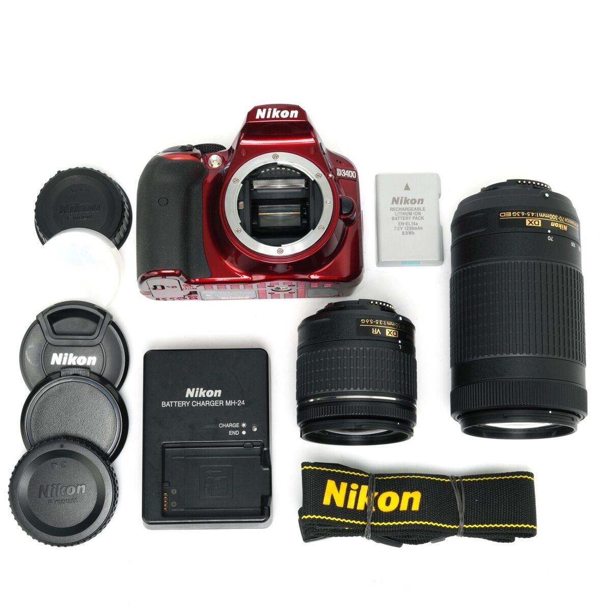 Nikon D3400 DSLR Camera Red w/AF-P 18-55mm VR & 70-300mm DX Nikon D3400 DSLR Camera Red w/AF-P 18-55mm VR & 70-300mm DX
