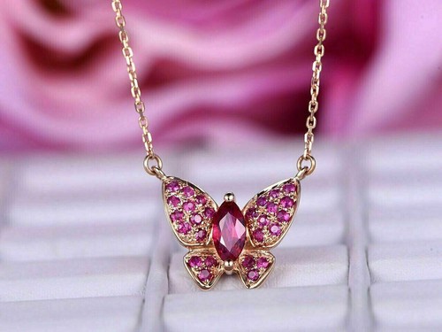 2Ct Marquise Cut Pink Sapphire Butterfly Pendant 14K Yellow Gold 18"Finish Chain - Picture 3 of 4