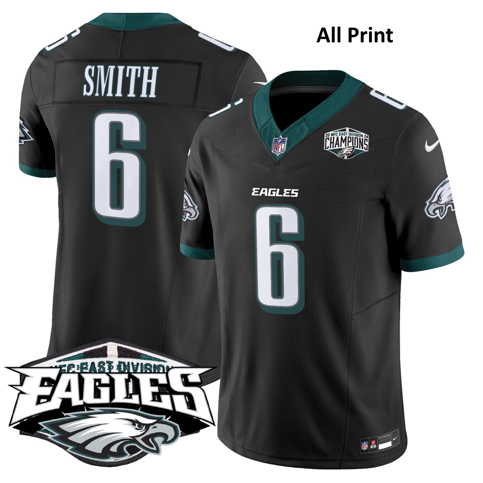 Eagles 2024 NFC East Division DeVonta Smith #6 Football Jersey with All Print Design