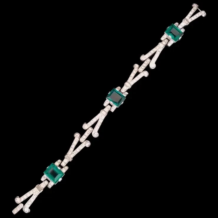 TRIFARI 'Alfred Philippe' Emerald and Diamante Art Deco Link Bracelet