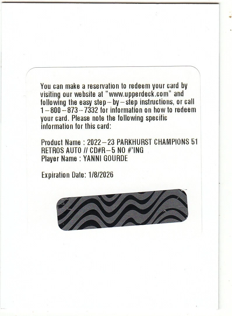 2022-23 PARKHURST CHAMPIONS 51 RETRO AUTO REDEMPTION CARD, **YANNI GOURDE**.