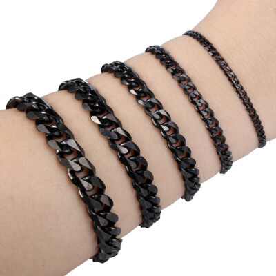3/5/7/9/11mm Black Stainless Steel Curb Cuban Link Bracelet Men Boys Chain 7-11''